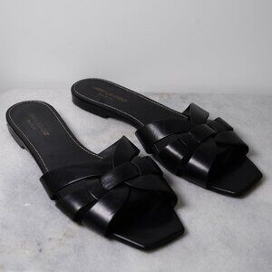 Saint Laurent YSL Black Tribute Leather Slip On Slide Sandal Sz 41